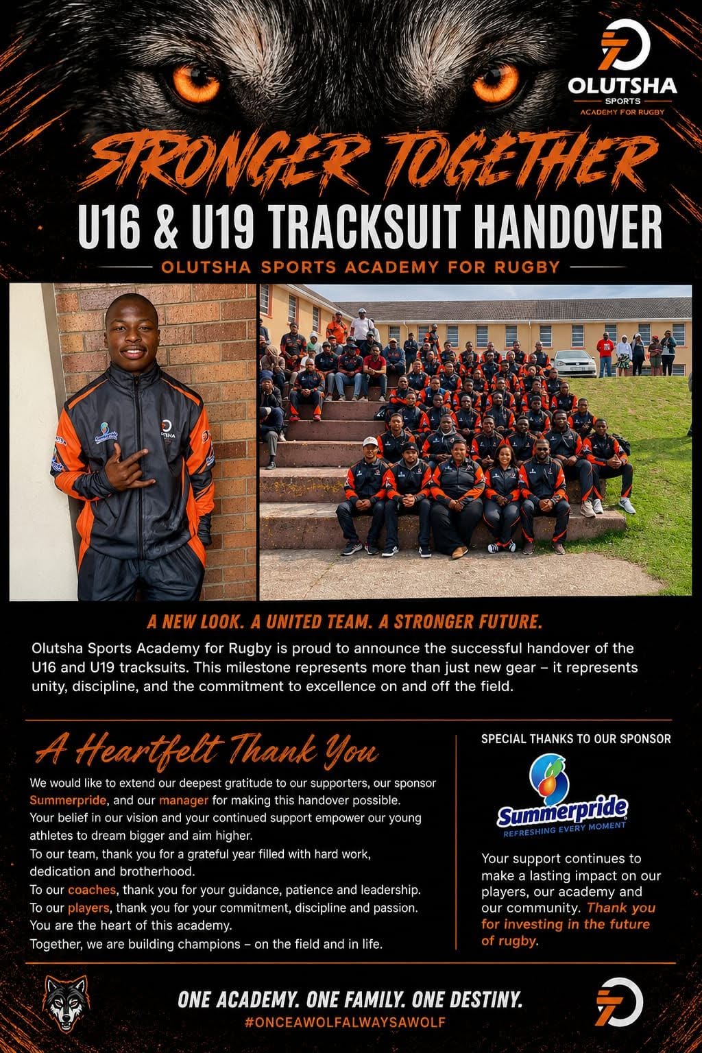 Stronger Together — Under-16 and Under-19 tracksuit handover poster for Olutsha Sports Academy for Rugby, sponsored by Summerpride